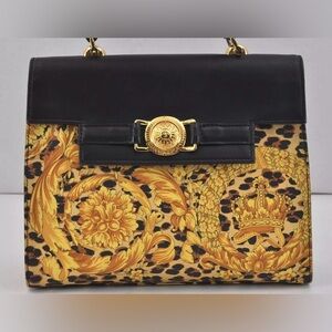 Gianni Versace Sunburst Flower Leopard Nylon Leather Handbag